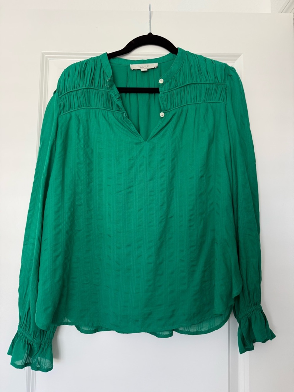 LOFT Emerald Green Split V-Neck Pintuck Blouse